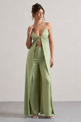 Pale Green Satin Longline Cami Top With Split Front