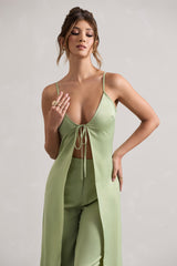 Pale Green Satin Longline Cami Top With Split Front