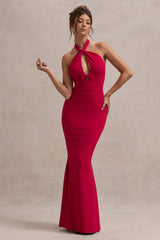 Red Halter-Neck Cut-Out Maxi Dress With Bow