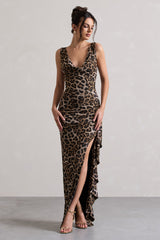 Leopard Print Cowl-Neck Ruffled Split Maxi Dress