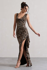 Leopard Print Cowl-Neck Ruffled Split Maxi Dress