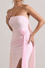 Pink Strapless Wrap Cape Maxi Dress With Corsage