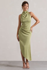 Light Olive Satin Cowl-Neck Asymmetric Midi Dress