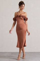 Rust Satin Floral Bardot Midi Dress
