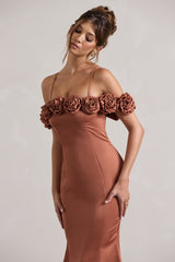 Rust Satin Floral Bardot Midi Dress