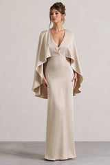 Champagne Satin Plunge-Neck Maxi Dress With Cape Sleeves