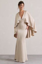 Champagne Satin Plunge-Neck Maxi Dress With Cape Sleeves