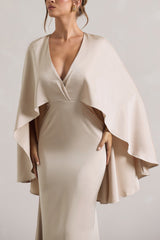 Champagne Satin Plunge-Neck Maxi Dress With Cape Sleeves