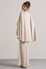 Champagne Satin Plunge-Neck Maxi Dress With Cape Sleeves