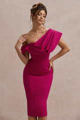 Dark Pink Draped One Shoulder Midi Dress