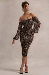 Leopard Print Bardot Puff-Sleeve Midi Dress