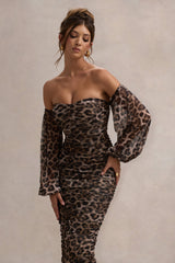 Leopard Print Bardot Puff-Sleeve Midi Dress