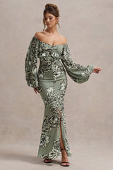 Olive Floral Print Chiffon Puff-Sleeve Button Maxi Dress