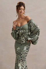 Olive Floral Print Chiffon Puff-Sleeve Button Maxi Dress