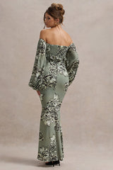 Olive Floral Print Chiffon Puff-Sleeve Button Maxi Dress