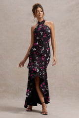 Black Ditsy Floral Print Satin Halter-Neck Ruffled Maxi Dress