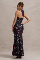 Black Ditsy Floral Print Satin Halter-Neck Ruffled Maxi Dress