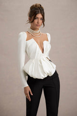 Ecru Satin Asymmetric Plunge-Neck Top With Ruffle