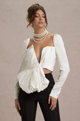 Ecru Satin Asymmetric Plunge-Neck Top With Ruffle