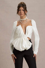 Ecru Satin Asymmetric Plunge-Neck Top With Ruffle