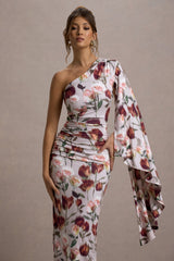 Cream Floral Print Asymmetric Cape Sleeve Maxi Dress
