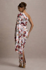 Cream Floral Print Asymmetric Cape Sleeve Maxi Dress