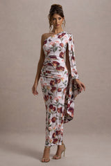 Cream Floral Print Asymmetric Cape Sleeve Maxi Dress