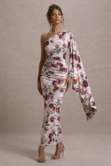 Cream Floral Print Asymmetric Cape Sleeve Maxi Dress