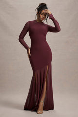 Port Mesh Long-Sleeve Open-Back Maxi Dress