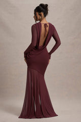Port Mesh Long-Sleeve Open-Back Maxi Dress