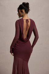 Port Mesh Long-Sleeve Open-Back Maxi Dress