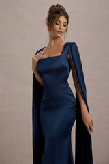 Navy Square-Neck Midi Dress With Cape Sleeves