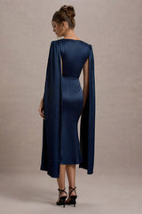 Navy Square-Neck Midi Dress With Cape Sleeves