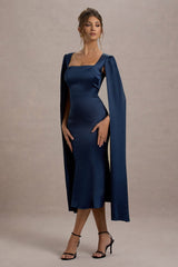 Navy Square-Neck Midi Dress With Cape Sleeves