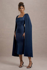 Navy Square-Neck Midi Dress With Cape Sleeves