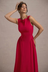 Red Boat-Neck Volume-Hem Midi Dress