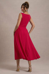 Red Boat-Neck Volume-Hem Midi Dress