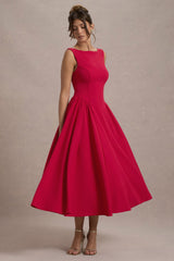 Red Boat-Neck Volume-Hem Midi Dress