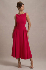 Red Boat-Neck Volume-Hem Midi Dress