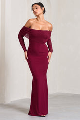 Berry Fishtail Maxi Dress With Bardot Mesh Long Sleeves