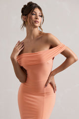 Coral Bardot Draped Split Maxi Dress