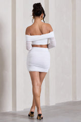 White Ruched Mesh Mini Skirt