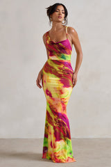 Lime Print Asymmetric Neckline Cowl Maxi Dress