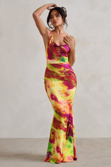 Lime Print Asymmetric Neckline Cowl Maxi Dress
