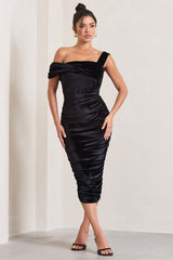 Black Velvet One Shoulder Ruched Midi Dress