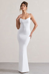 White Cowl Neck Backless Maxi Dress With Lace Insert