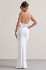 White Cowl Neck Backless Maxi Dress With Lace Insert