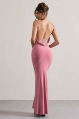 Blush Cowl Neck Backless Maxi Dress With Lace Insert