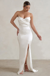 White Strapless Maxi Dress With Split