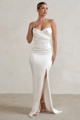 White Strapless Maxi Dress With Split